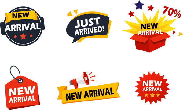 New Arrival and Just Arrived Retail Promo Badges and Labels Set
