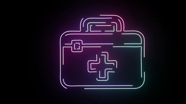 Glowing neon first aid kit icon pulsing with vibrant pink and blue colors on a dark black background representing healthcare medical assistance and emergency services in a modern digital loop