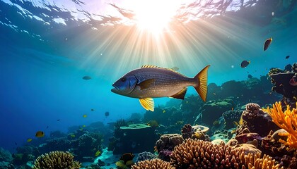 Obraz premium Underwater Scene with Fish and Coral Reef.