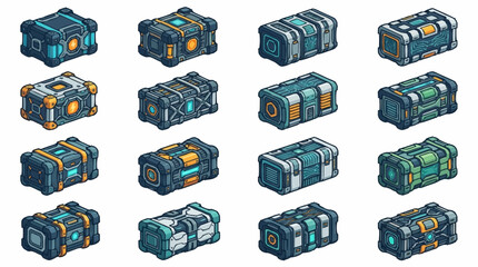Collection of futuristic sci-fi loot crates and containers in pixel art style. © Ridwan