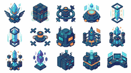 Set of isometric futuristic technology and science fiction building icons for game design. © Ridwan