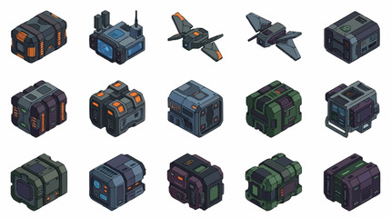 Collection of isometric pixel art sci-fi crates and containers with different designs. © Ridwan
