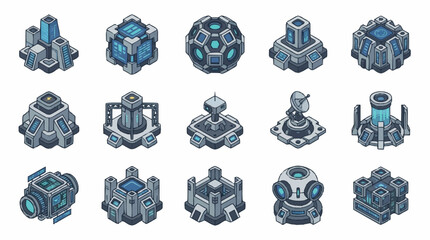 Collection of futuristic sci-fi buildings and structures in isometric view. © Ridwan