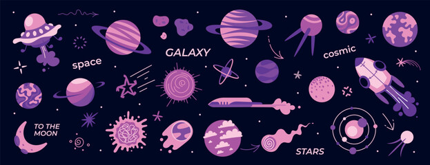 Neon space solar system elements. Cartoon purple galaxy vector objects isolated on dark background. Neon pink flat style universe exploration collection.  © Oksana Kabanchuk