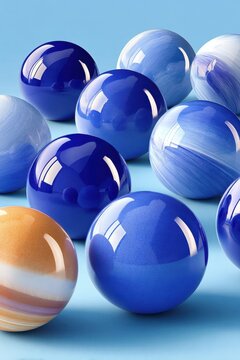 Close-up of glossy periwinkle blue spheres and marbles in an abstract composition with reflections