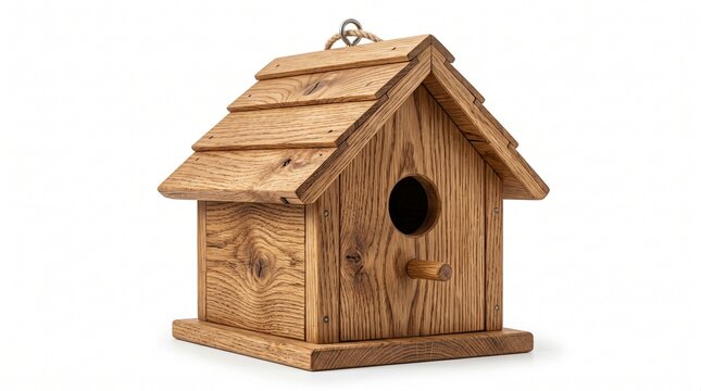 Handmade Wooden Birdhouse with Shingled Roof on White Background