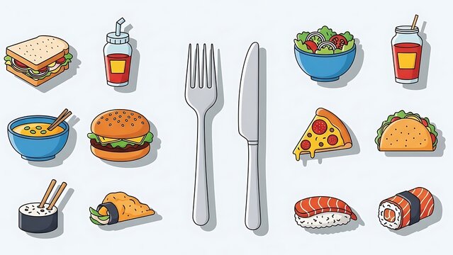 Assortment of food and utensils on white background.
