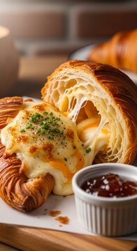 Croissant with cheese and jam