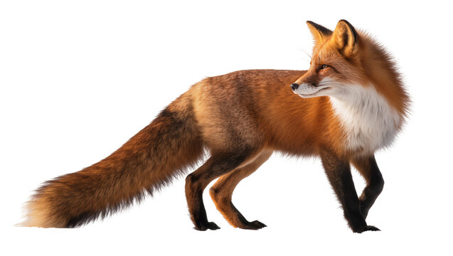 Red fox standing profile view with bushy tail
