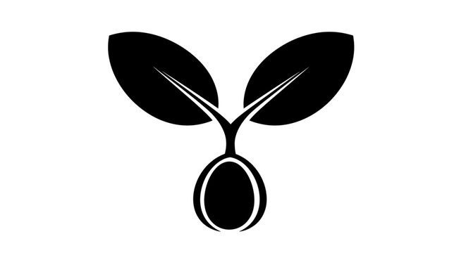 Black silhouette of a coffee bean with two emerging leaves on a white background