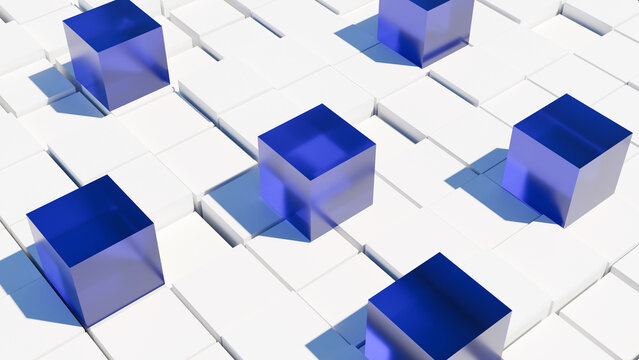 Abstract blue glass cubes on white block grid structure background. Modern minimalist geometric pattern 3D render for technology, business data, and corporate concept design