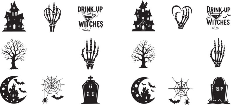 Halloween bundle clipart collection with haunted house and skeleton hands halloween skeleton graphics collection typography cocktail tombstone illustration seasonal decoration celebration