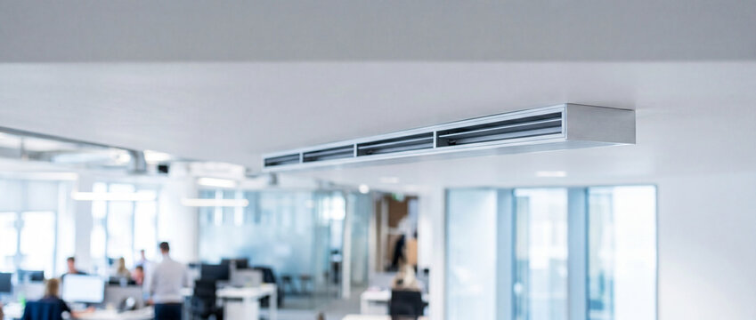 Modern open-plan office interior with ceiling HVAC vent and employees working in bright workspace