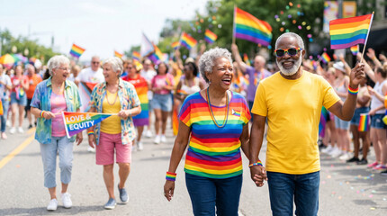 Obraz premium Elderly couple smiling and holding hands during Pride parade summer 