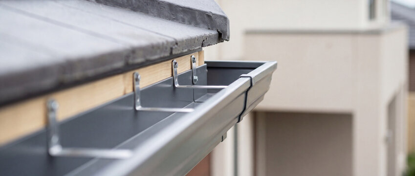 Modern rain gutter installed on residential roof edge showing metal fascia and brackets