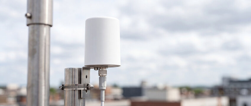 Small white wireless antenna sensor mounted on rooftop pole over urban skyline