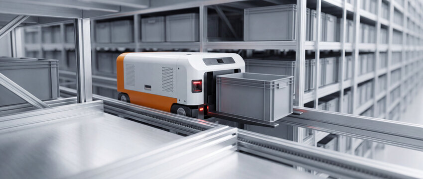 Automated warehouse robot transporting storage bin along high-density shelving in modern logistics facility