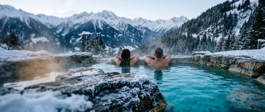 Couple relaxing in hot spring pool with snow-capped mountain view in winter alps