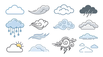 Obraz premium Collection of Weather Icons: Clouds, Rain, Sun, Wind, Storm, Lightning