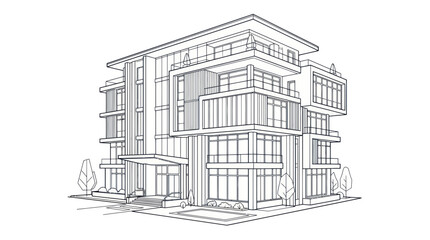 Modern Apartment Building Architectural Drawing, Sketch Style, Contemporary Design © Bunga