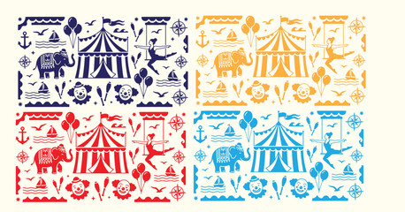 Multiple color variations of vintage circus and nautical themed graphic illustration set. © TREND AND VECTORS