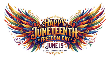 Fototapeta premium Happy juneteenth freedom day june 19 ornate wings colorful vintage style celebration est 1865.