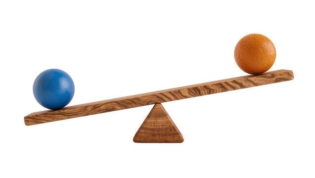 Wooden seesaw with blue ball and orange fruit