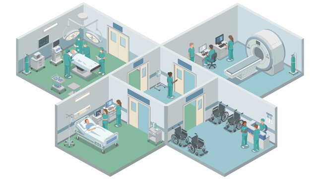 Isometric illustration of a hospital interior with various medical rooms and staff