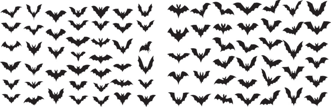 Large grid collection of black halloween bat silhouettes with halloween silhouette collection creature multiple background isolated seasonal celebration wildlife illustration template