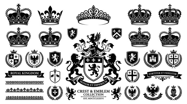 Royal crests and crowns adorn shields with ornate graphics and coats of arms.