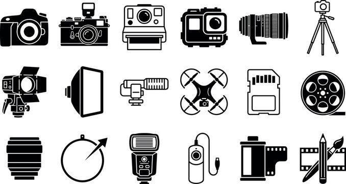 Professional Photography and Video Production Equipment Silhouette Icon Set Featuring DSLR Cameras Lenses Tripods Drones and FlashProfessional Photography and Video Production Equipment Silhouette Ico