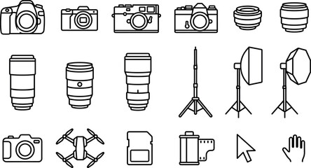 Professional Studio Photography and Video Production Equipment Linear Icon Set Featuring DSLR Cameras Lenses Lighting Stands and DronesProfessional Studio Photography and Video Production Equipment Li © Abu Siddik