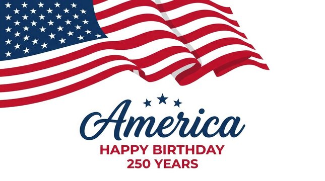Waving american flag with text america happy birthday and stars on a white background for fourth of july celebrations