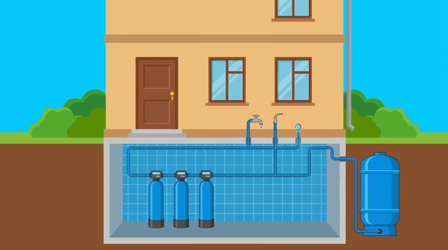 Cross-section illustration of a house with an underground swimming pool and filtration system
