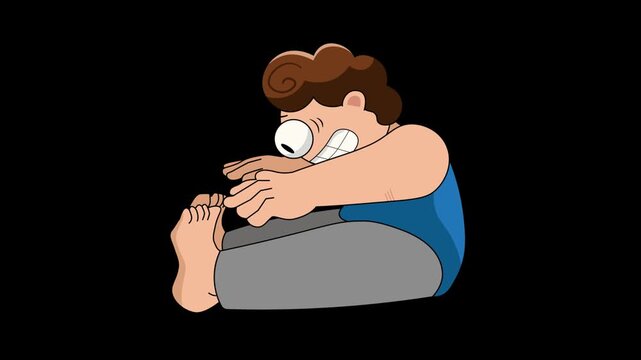 young boy beginner student struggle to stretch and touch his toes flat 2d simple character animation