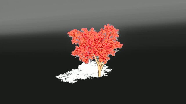 3D tree model animation rotating red fall foliage maple tree asset on dark background with sketch overlay