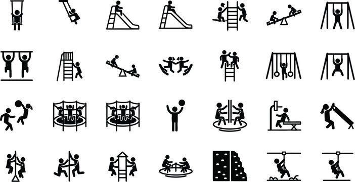 Children playground activities icons set featuring kids playing on swings slides trampolines and climbing frames vector illustration