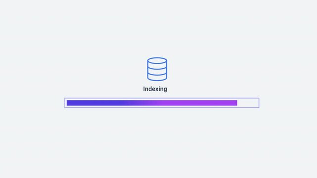 Animated indexing progress bar with database icon and smooth fill movement on a clean background. Ideal for database indexing, search optimization, content organization, data processing, and technolog