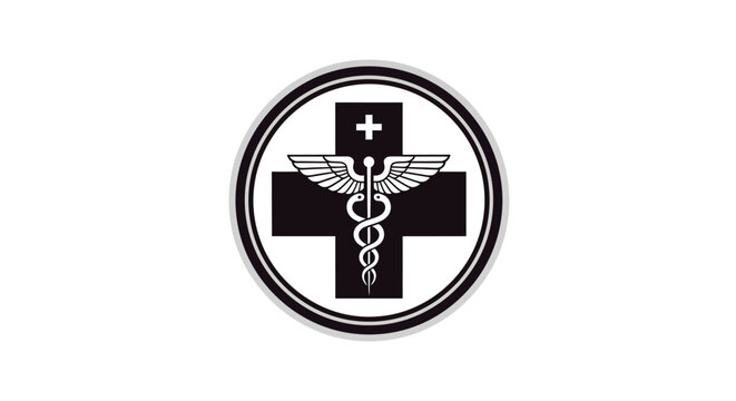 Classic black and white circular medical emblem featuring a cross and a winged staff, symbolizing global healthcare, emergency services, and professional medical assistance