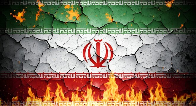 Iran flag on fire with cracked and burning effect