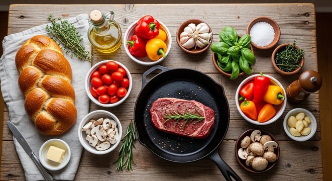 Culinary ingredients arranged composition