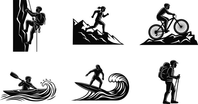 Extreme sports silhouettes set featuring rock climbing, mountain running, cycling, kayaking, surfing, and hiking in vector style