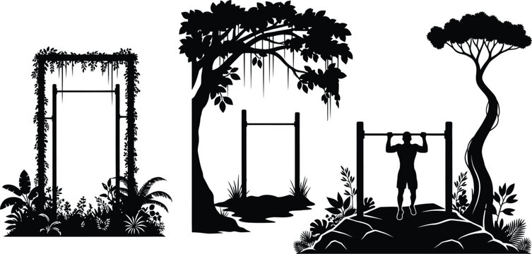 Outdoor pull up bar stations with tropical jungle plants and athletic man silhouette in black vector illustration