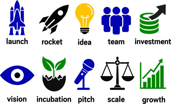 Create a realistic startup and entrepreneurship solid icon set. launch, rocket, idea, team, investment, vision, incubation, pitch, scale, growth. editable glyph vector art with white background..