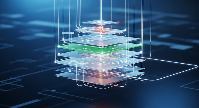 Modern 3d network server with glowing green data connections and digital interface elements