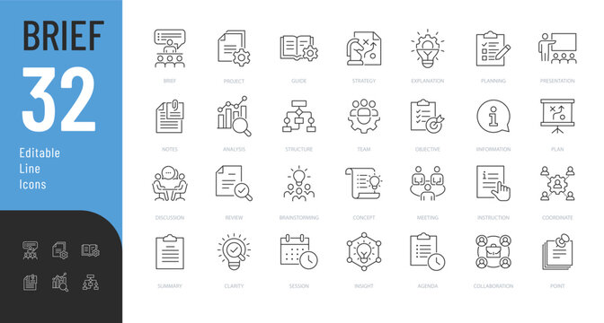 Brief Line Editable Icons set. Vector illustration in a modern thin line style of a business related icons: instruction, summary, strategy, and more. Isolated on transparent background.