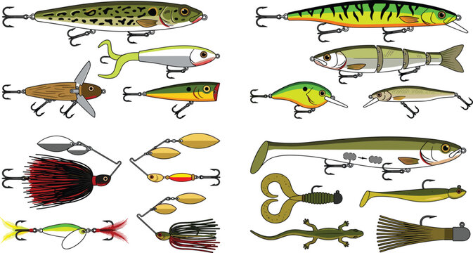 Freshwater Fishing Lure Collection with Crankbaits Spinnerbaits Soft Plastic Baits Jigs and Professional Angling Tackle Vector Set