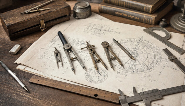 Antique engineering drafting instruments including compasses, calipers, and pencils placed on detailed technical blueprints on a wooden desk