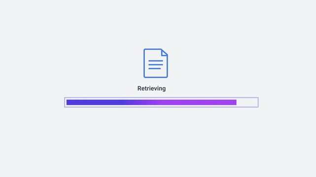 Animated retrieving progress bar with document icon and smooth fill movement on a clean background. Ideal for data retrieval, file access, information fetching, document management, and technology int