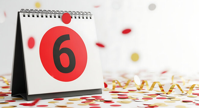 Desk calendar showing the number six with festive confetti background for celebrations.